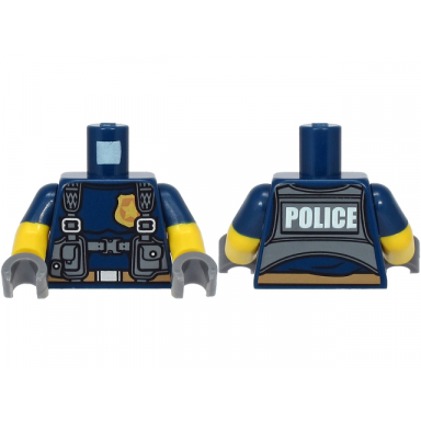 dark blue torso police with harness gold star badge logo belt and police on back pattern yellow arms with molded dark blue short sleeves pattern dark bluish gray hands