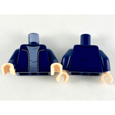 dark blue torso jacket with silver zipper and sand blue shirt pattern dark blue arms light nougat hands