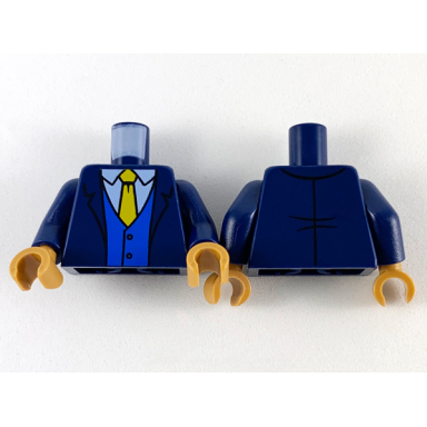 dark blue torso suit jacket white shirt yellow tie and blue vest pattern dark blue arms medium nougat hands