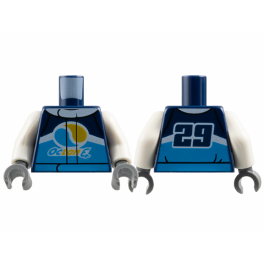 dark blue torso jacket with dark azure belt white collar and stripe octan e logo on front 29 on back pattern white arms dark bluish gray hands
