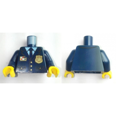 dark blue torso police suit with tie and pockets gold star badge logo and buttons light blue undershirt pattern dark blue arms yellow hands