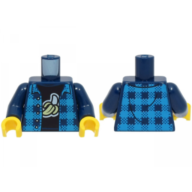 dark blue torso dark azure flannel shirt open over black t-shirt with white and bright light yellow peeled banana pattern dark blue arms yellow hands