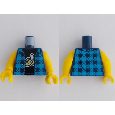 dark blue torso dark azure flannel shirt open over black t-shirt with white and bright light yellow peeled banana pattern yellow arms yellow hands