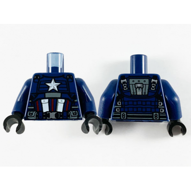 dark blue torso armor white and silver star 2 white pockets and 3 dark red stripes pattern dark blue arms black hands