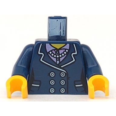 dark blue torso female suit jacket with buttons and pockets lavender striped shirt pearl necklace pattern dark blue arms yellow hands