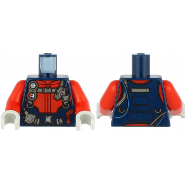 dark blue torso diving suit with red zippers gauge regulator and harness with silver buckles pattern red arms light bluish gray hands