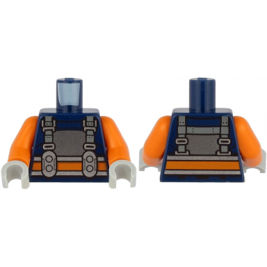 dark blue torso diving suit with silver chest plate orange and silver belt and harness with buckles pattern orange arms light bluish gray hands