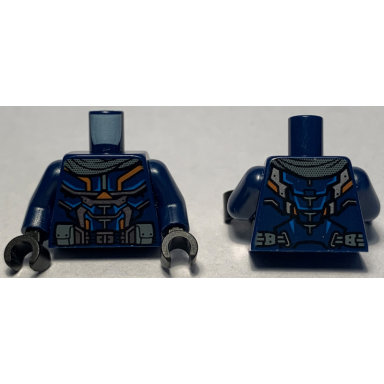 dark blue torso armor silver orange and blue highlights and dark bluish gray pockets pattern dark blue arms black hands