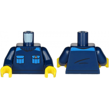 dark blue torso turtleneck sweater with blue pockets and silver anchor pattern dark blue arms yellow hands