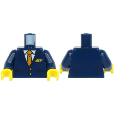dark blue torso suit with pockets over white shirt gold and dark orange striped tie gold buttons and logo pin pattern dark blue arms yellow hands