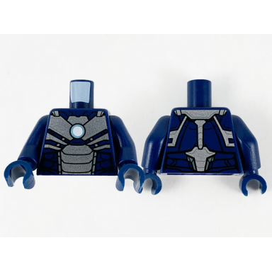 dark blue torso armor silver plates and metallic light blue circle arc reactor pattern dark blue arms dark blue hands