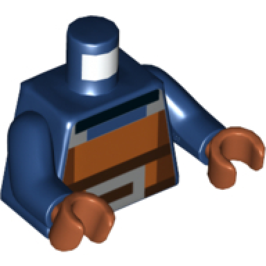 dark blue torso pixelated dark brown dark nougat reddish brown and silver pattern dark blue arms dark orange hands