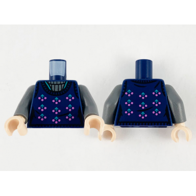 dark blue torso female sweater with dark pink and dark turquoise berries and dark bluish gray collar pattern dark bluish gray arms light nougat hands
