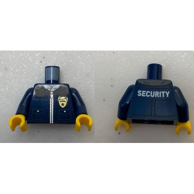 dark blue torso jacket with zipper blue shirt gold badge and white security on back pattern dark blue arms yellow hands
