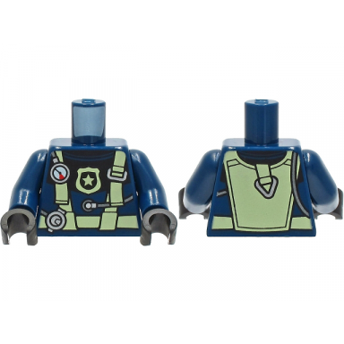 dark blue torso diving suit with bright light yellow harness and police badge and silver gauge and regulator pattern dark blue arms black hands