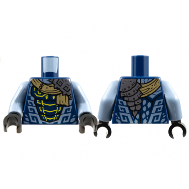 dark blue torso silver left shoulder armor dark tan scarf yellow and sand blue scales pattern sand blue arms black hands