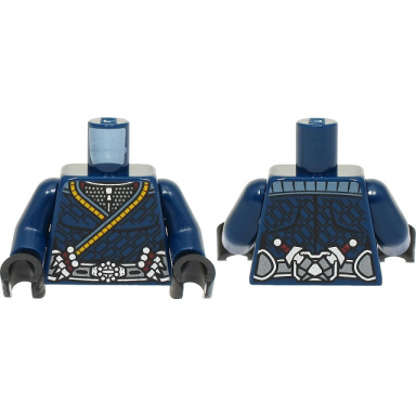 dark blue torso armor and robe with bright light orange trim silver belt with buckle and daggers pattern dark blue arms black hands