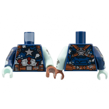 dark blue torso tattered captain america armor pattern light aqua arm left with splotches pattern dark blue arm right with torn sleeve pattern reddish brown hand left light aqua hand right