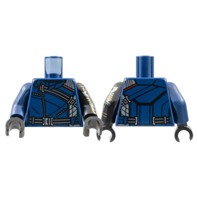 dark blue torso jacket black strap zippers and belt pattern black arm left with gold and silver circuitry pattern dark blue arm right black hands