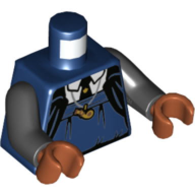 dark blue torso suit white shirt black tie gold whistle necklace pattern black arms dark orange hands