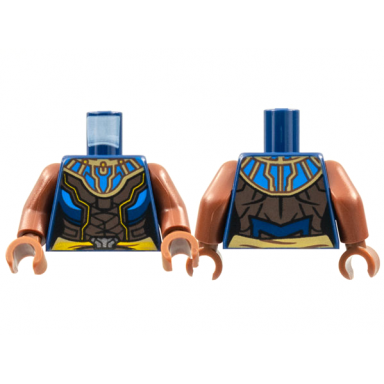 dark blue torso female armor blue mantle dark brown center panel yellow trim and belt silver buckle pattern reddish brown arms reddish brown hands