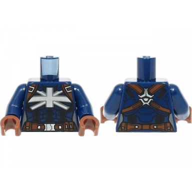 dark blue torso female armor with silver union jack emblem on chest reddish brown harness and belt pattern dark blue arms reddish brown hands