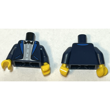 dark blue torso tuxedo jacket with blue lapels and pockets white shirt black bow tie pattern bam dark blue arms yellow hands