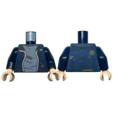 dark blue torso jacket open with silver zipper sand blue shirt dark brown dirt stains and scrapes pattern dark blue arms light nougat hands