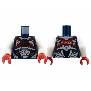 dark blue torso armor dark red cross belts gold samurai logo white plates ninjago logogram pixal on back pattern white arms red hands