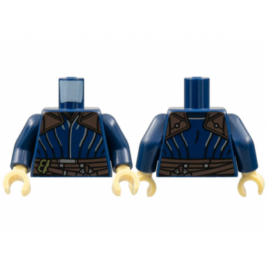 dark blue torso dark brown shoulders and belt black vertical stripes pattern dark blue arms tan hands