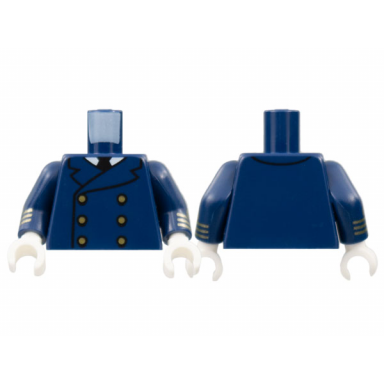 dark blue torso double breasted jacket white collar black tie 6 gold buttons pattern dark blue arms with 3 gold stripes pattern white hands