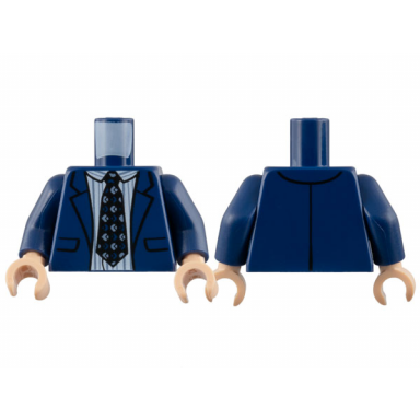 dark blue torso suit jacket over white shirt with sand blue pinstripes black tie pattern dark blue arms light nougat hands