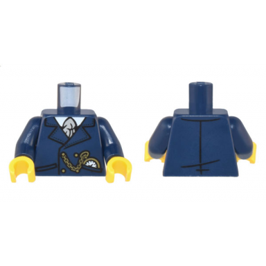 dark blue torso suit jacket white shirt light bluish gray tie gold chain and watch pattern dark blue arms yellow hands