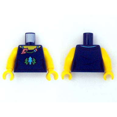 dark blue torso female top with green and medium azure trees necklace with coral shell yellow neck pattern yellow arms yellow hands