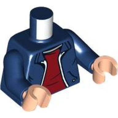 dark blue torso jacket open with pockets and white trim over dark red shirt light nougat neck pattern dark blue arms light nougat hands