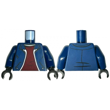 dark blue torso jacket open with pockets and white trim over dark red shirt light nougat neck pattern dark blue arms black hands