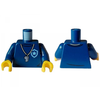 dark blue torso police shirt with bright light blue star badge logo silver whistle black collar and wrinkles pattern dark blue arms yellow hands