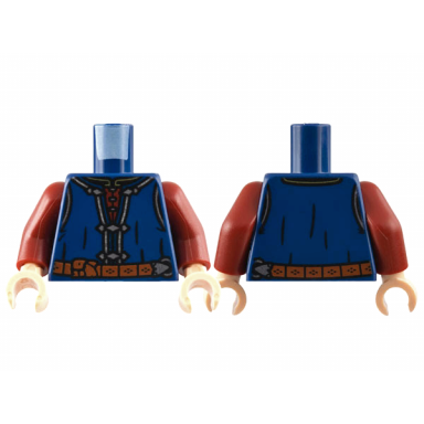 dark blue torso vest with silver hems dark red shirt reddish brown belt with buckle pattern dark red arms light nougat hands
