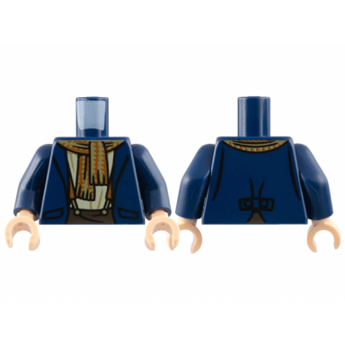 dark blue torso jacket tan shirt dark tan and dark orange scarf suspenders dark brown pants pattern dark blue arms light nougat hands