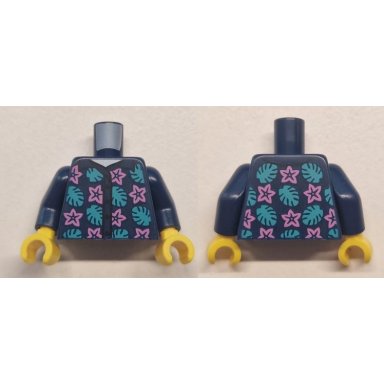 dark blue torso shirt with buttons dark pink flowers and dark turquoise leaves over white undershirt pattern dark blue arms yellow hands