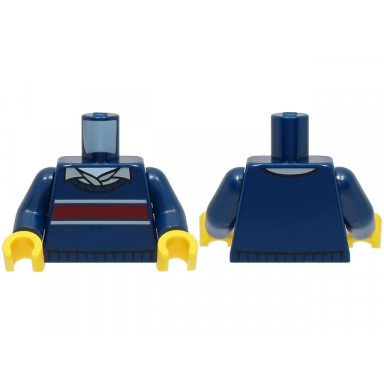 dark blue torso sweater with dark red stripe over light bluish gray shirt and white undershirt pattern dark blue arms yellow hands