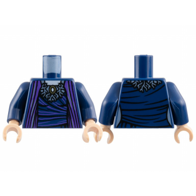 dark blue torso dark purple robe open over dress with streaks and light bluish gray webbed collar gold brooch white neck pattern dark blue arms light nougat hands