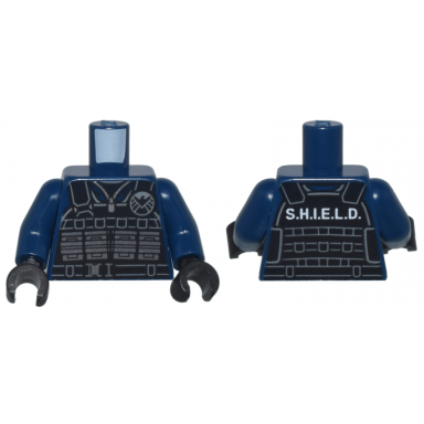 dark blue torso black tactical vest with silver ammo pouches and buckle light bluish gray shield logo and white s.h.i.e.l.d pattern dark blue arms black hands