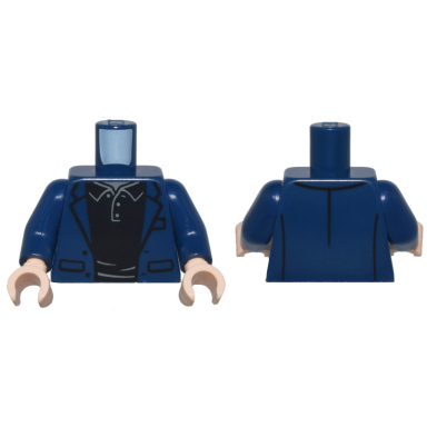 dark blue torso jacket open with pockets over black shirt with dark bluish gray buttons and collar pattern dark blue arms light nougat hands