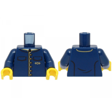 dark blue torso train uniform jacket with 2 pockets gold buttons trim and logo pattern dark blue arms yellow hands