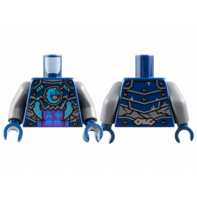 dark blue torso armor plates with silver trim and blades dark azure wolf and ninjago logogram wo and mo pattern dark bluish gray arms dark blue hands