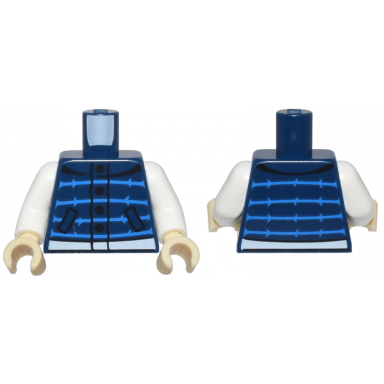 dark blue torso vest with black pockets and buttons dark azure stripes and white waistband pattern white arms tan hands