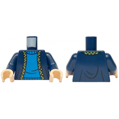dark blue torso cardigan with buttons over blue sweater dark green and dark tan checkered hem pattern dark blue arms light nougat hands