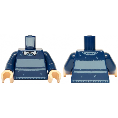 dark blue torso sweater over white shirt with collar sand blue stripes pattern dark blue arms light nougat hands
