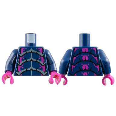 dark blue torso insect exoskeleton segments with magenta and metallic light blue highlights pattern dark blue arms magenta hands